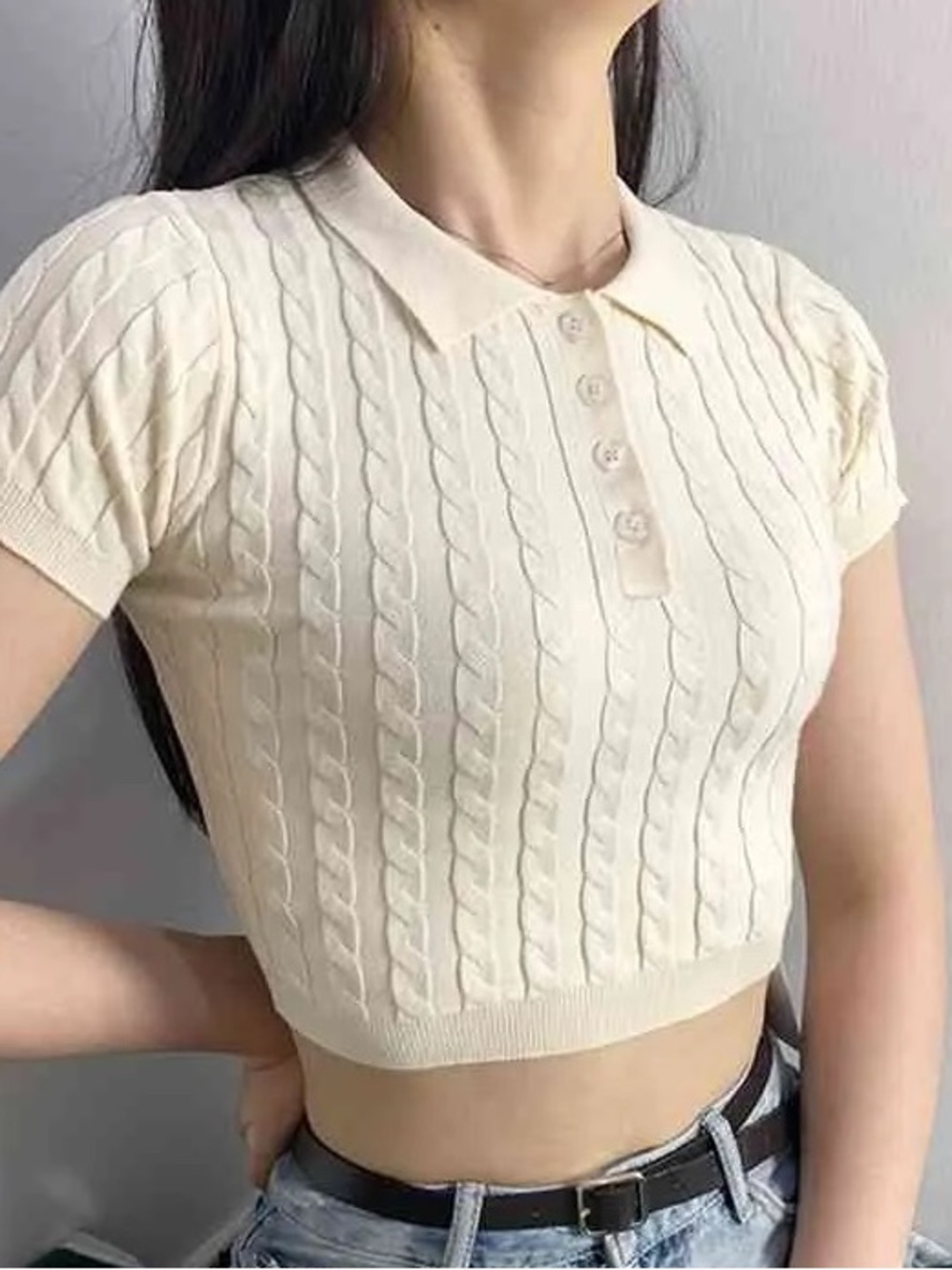 CIDER Cream Cable-Knit Polo Crop Top